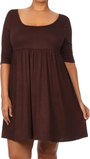 Women's Plus Size Scoop Neck 3/4 Sleeves A-Line Babydoll Midi Mini Dress Made in USA