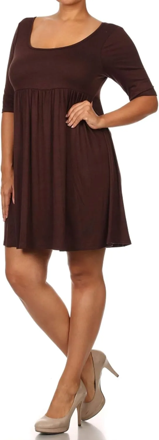 Women's Plus Size Scoop Neck 3/4 Sleeves A-Line Babydoll Midi Mini Dress Made in USA