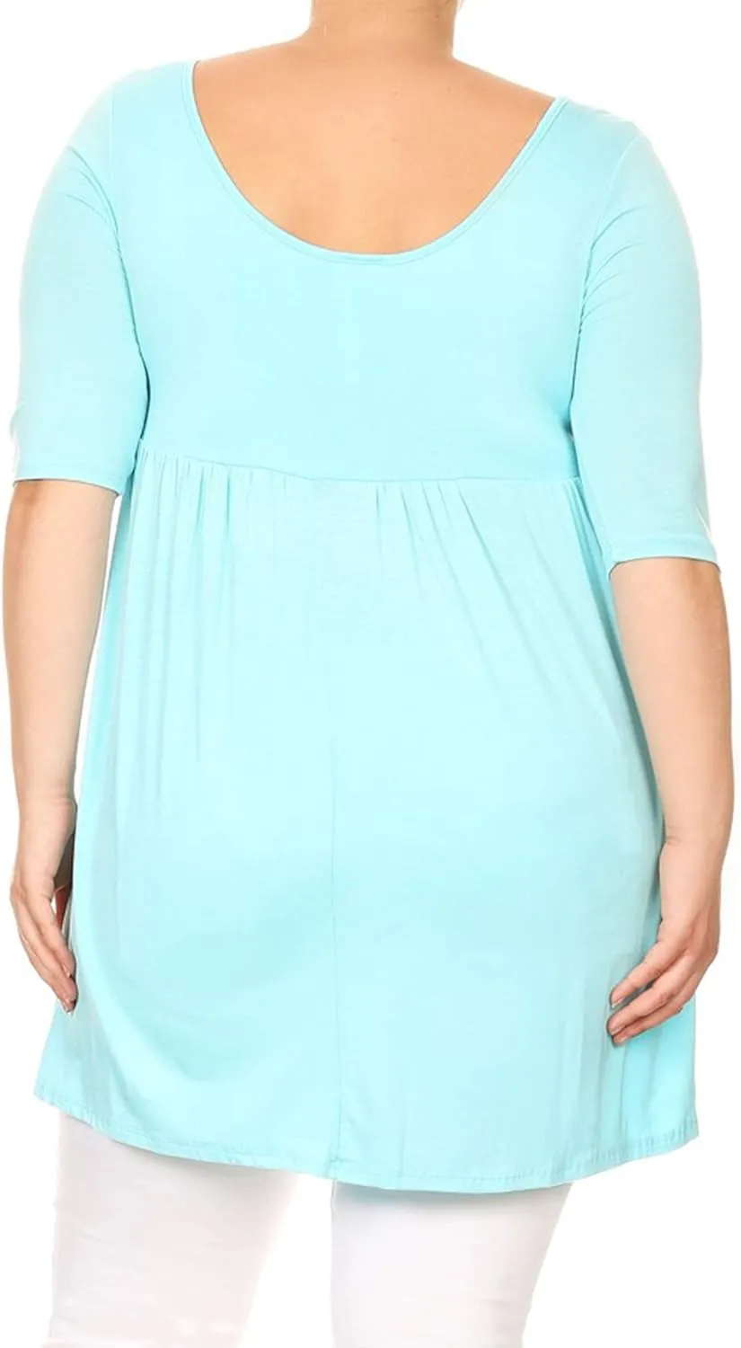 Women's Plus Size Scoop Neck 3/4 Sleeves A-Line Babydoll Midi Mini Dress Made in USA