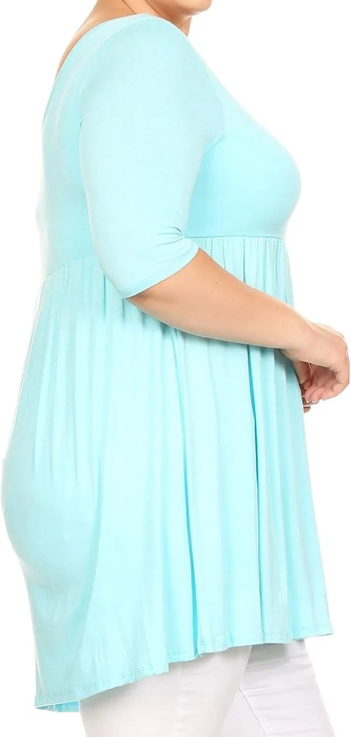 Women's Plus Size Scoop Neck 3/4 Sleeves A-Line Babydoll Midi Mini Dress Made in USA