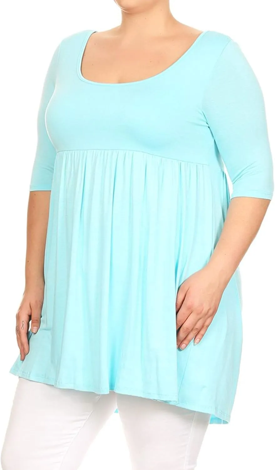 Women's Plus Size Scoop Neck 3/4 Sleeves A-Line Babydoll Midi Mini Dress Made in USA