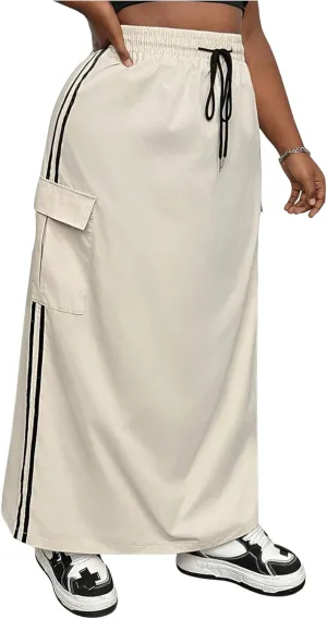Women's Plus Size Stripe Side Cargo Skirt Drawstring Elastic Waist Maxi Long Skirts