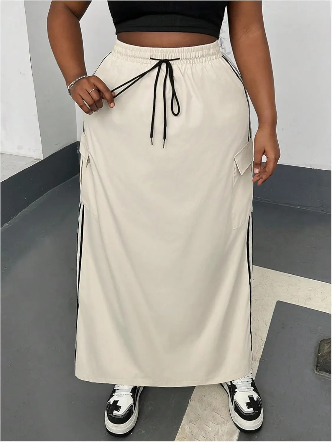 Women's Plus Size Stripe Side Cargo Skirt Drawstring Elastic Waist Maxi Long Skirts