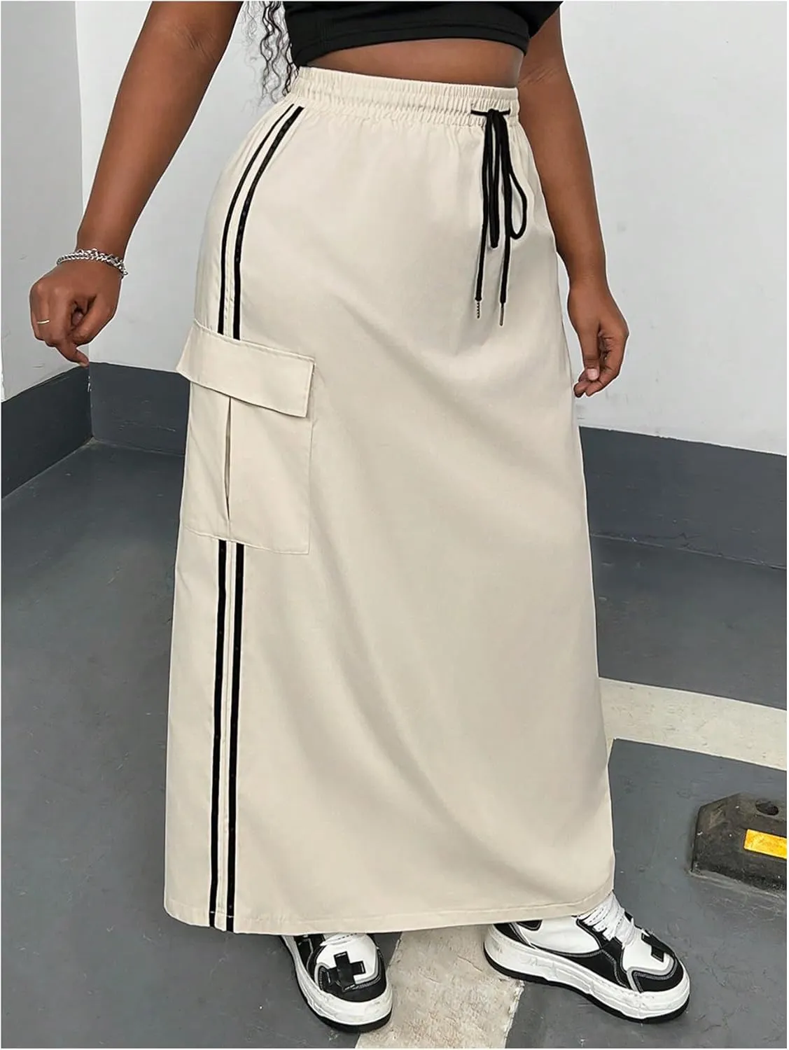 Women's Plus Size Stripe Side Cargo Skirt Drawstring Elastic Waist Maxi Long Skirts