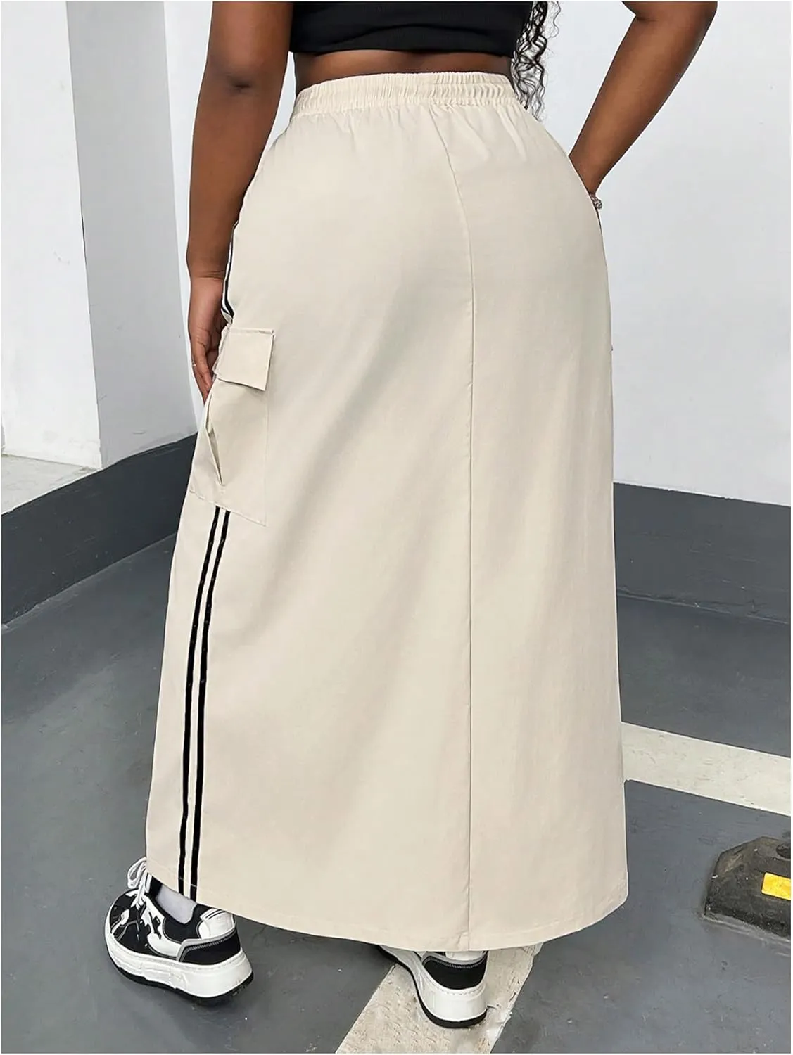 Women's Plus Size Stripe Side Cargo Skirt Drawstring Elastic Waist Maxi Long Skirts
