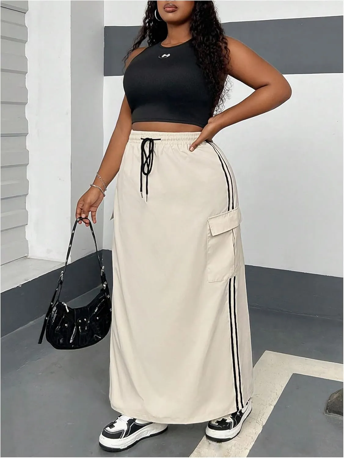 Women's Plus Size Stripe Side Cargo Skirt Drawstring Elastic Waist Maxi Long Skirts
