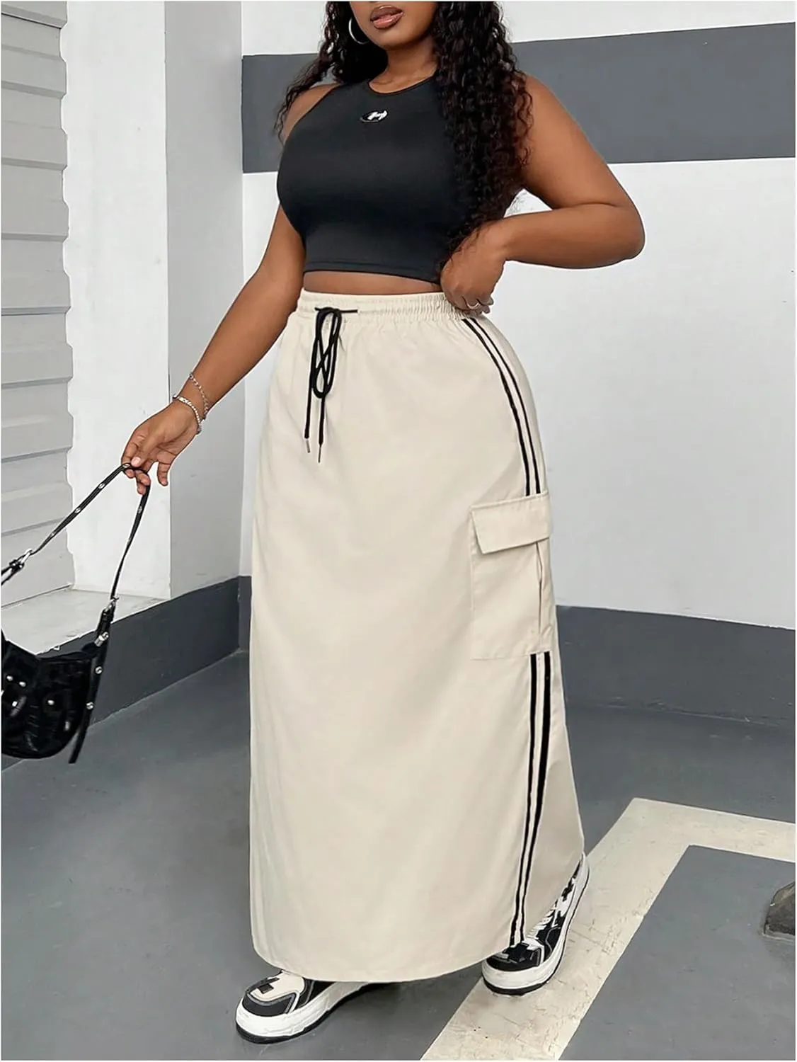 Women's Plus Size Stripe Side Cargo Skirt Drawstring Elastic Waist Maxi Long Skirts