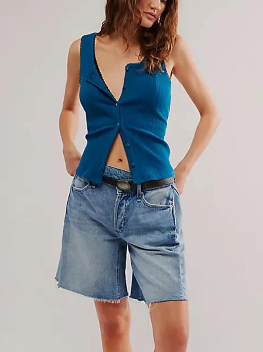 Womens Ribbed Button Up Tank Sleeveless Scoop Neck Slim Fitted Lace Camisole Tops Y2K Open Front Racerback