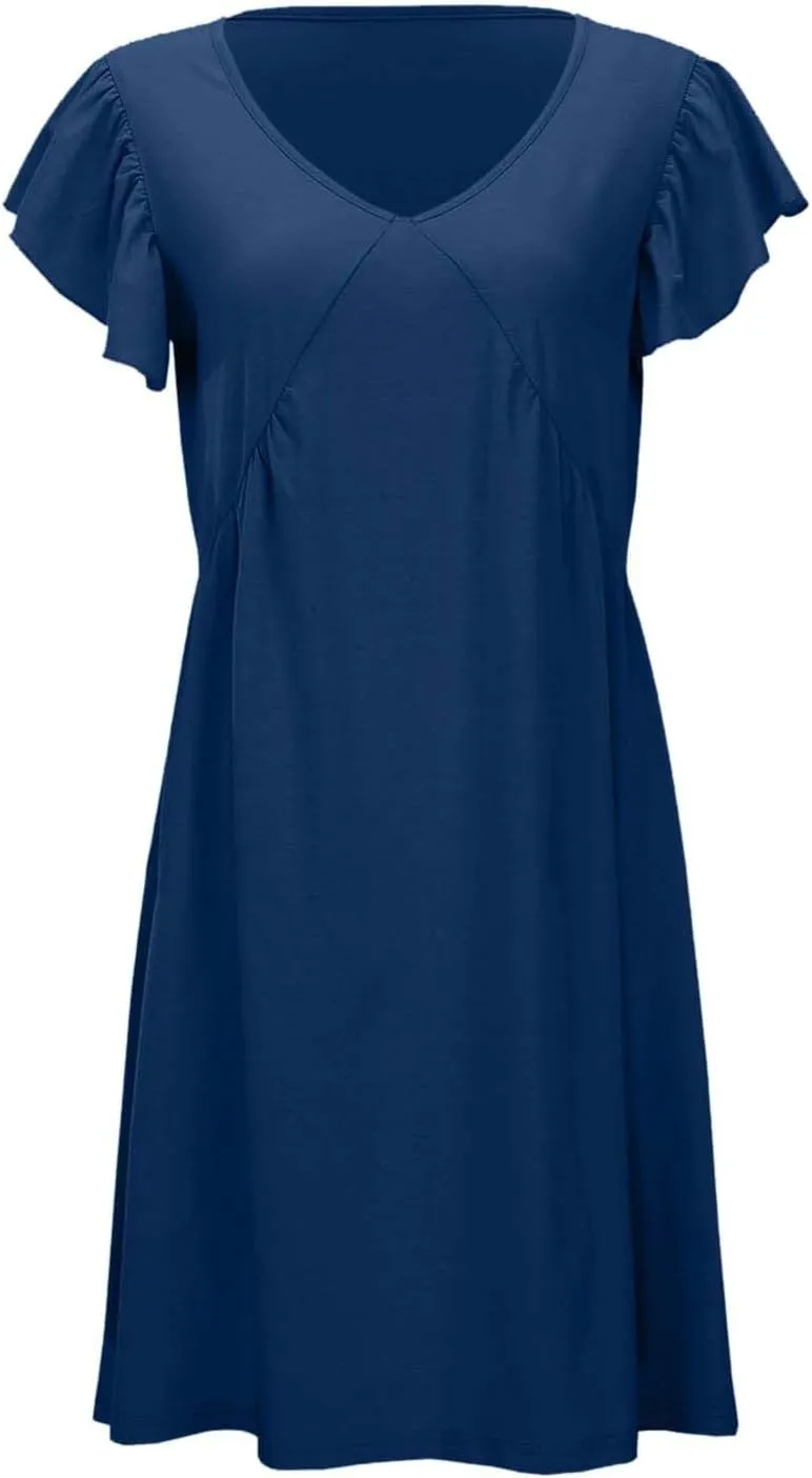 Women's Summer Dresses 2025 Vacation Dress Beach Casual Deep V Neck Loose Sundress Ruffle Sleeve Mini Dress
