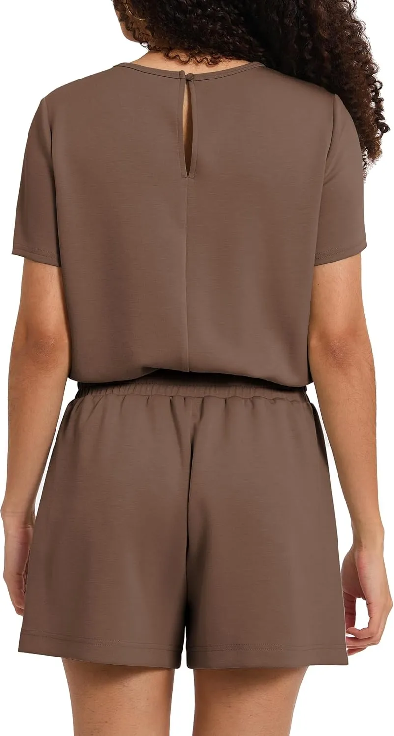 Women's Summer Short Sleeve Romper 2025 Casual Loose Crewneck Short Jumpsuit One Piece Outfits with Pockets