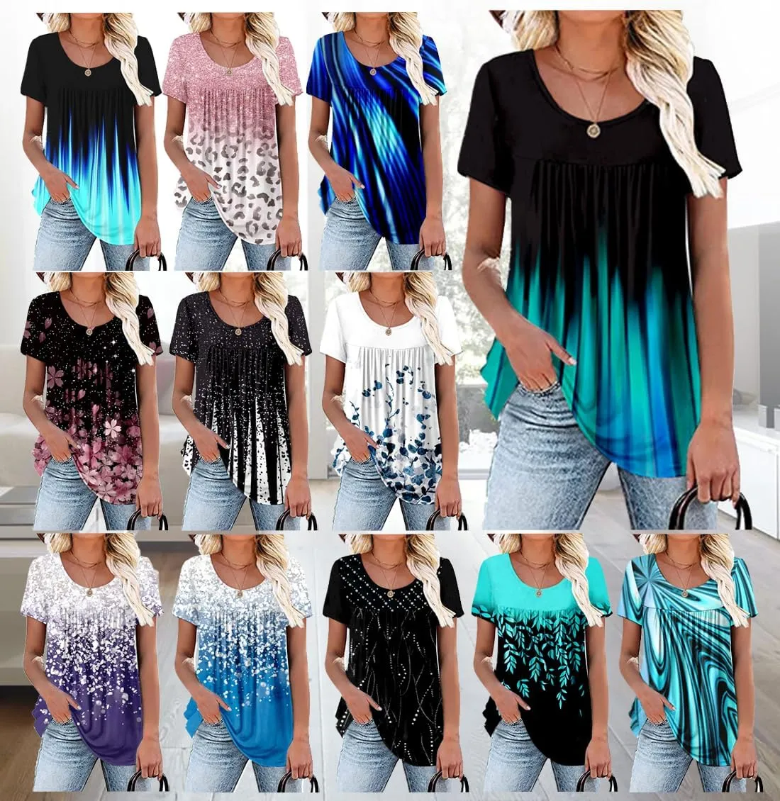 Women's Summer Short Sleeve Tunic Plus size ladies shirts Floral Blouse Loose Flowy Tops for Leggings M-4XL