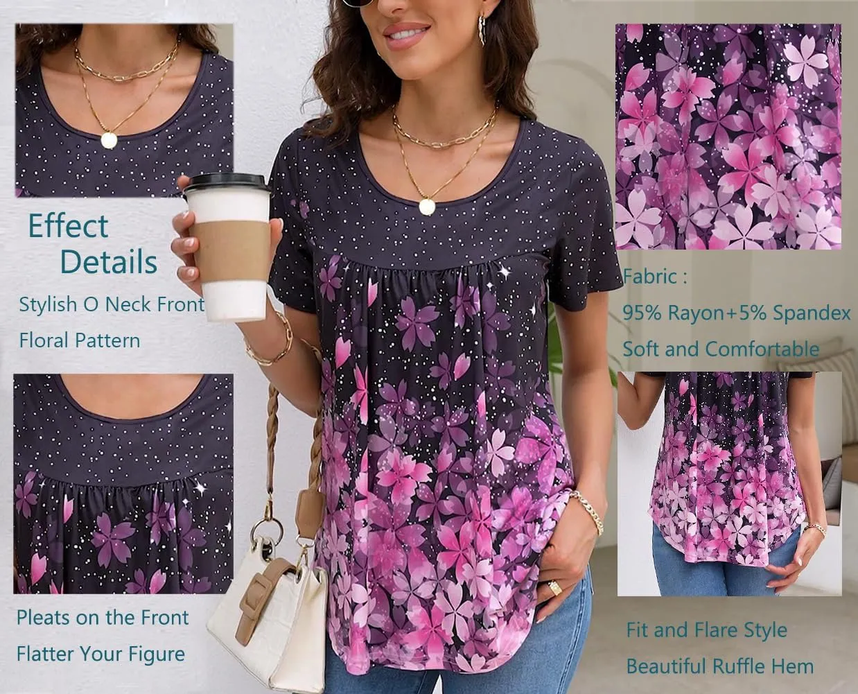 Women's Summer Short Sleeve Tunic Plus size ladies shirts Floral Blouse Loose Flowy Tops for Leggings M-4XL