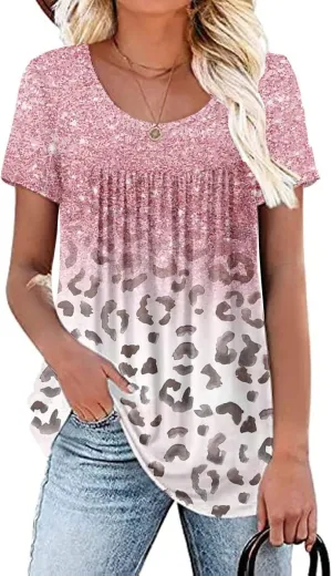 Women's Summer Short Sleeve Tunic Plus size ladies shirts Floral Blouse Loose Flowy Tops for Leggings M-4XL