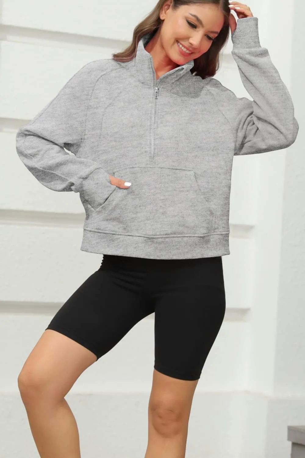 Women's Sweatshirts Fleece Lined Half Zipper Crop Pullover Tops Funnel Neck Long Sleeve Sweater Thumb Hole
