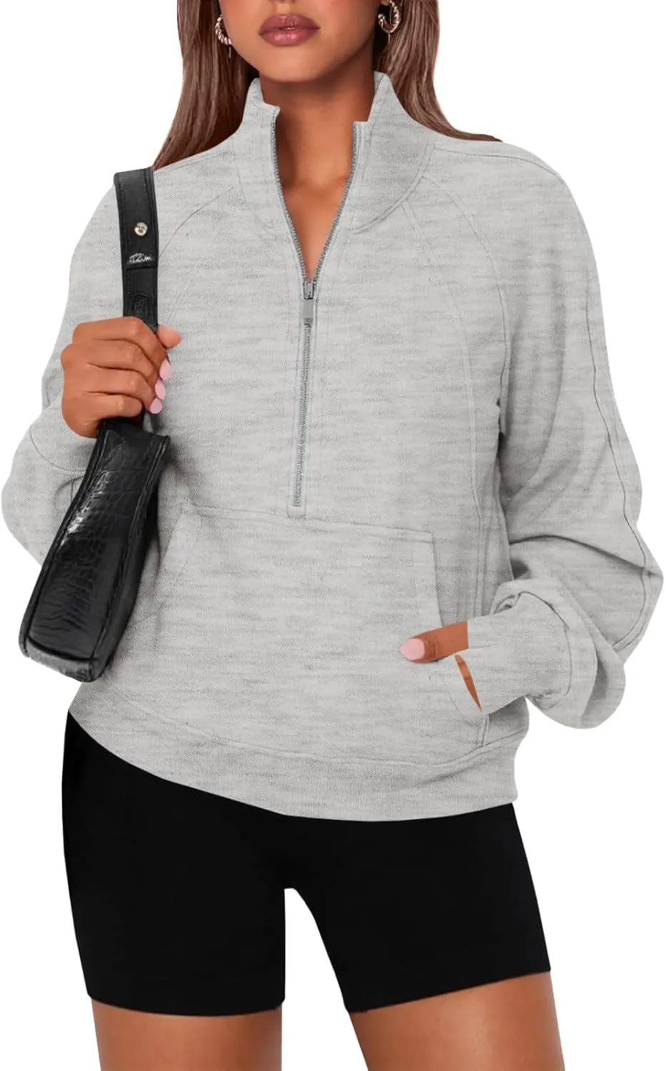 Women's Sweatshirts Fleece Lined Half Zipper Crop Pullover Tops Funnel Neck Long Sleeve Sweater Thumb Hole