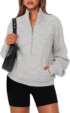 Women's Sweatshirts Fleece Lined Half Zipper Crop Pullover Tops Funnel Neck Long Sleeve Sweater Thumb Hole