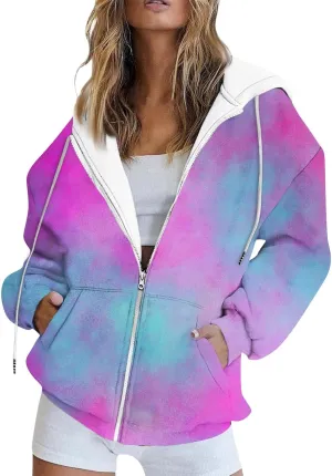 Women's Tie-Dye/White Zip-Up Hoodie With Pockets, Striped, Long Sleeve, S-3XL