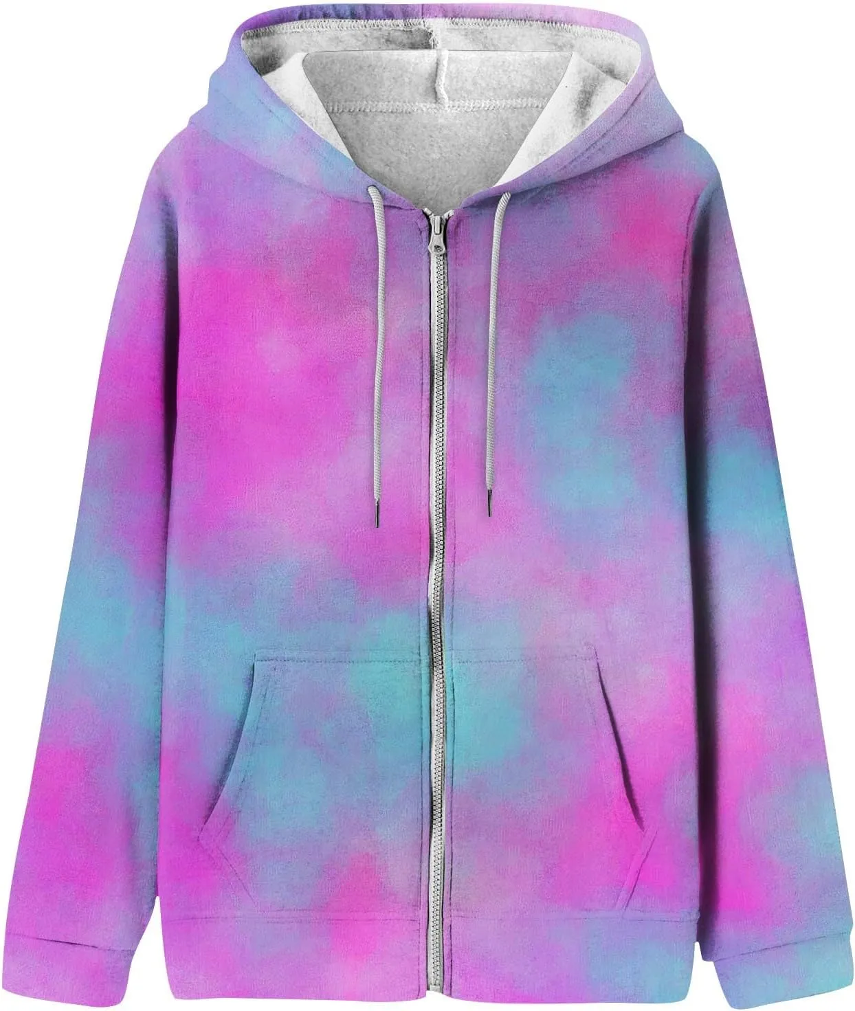 Women's Tie-Dye/White Zip-Up Hoodie With Pockets, Striped, Long Sleeve, S-3XL