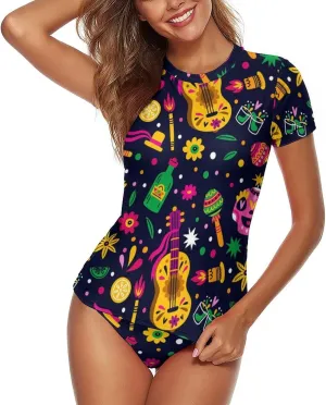 Women's Two Piece Rash Guard Short Sleeve Swim Shirt Built in Bra Bathing Suit with Bottoms