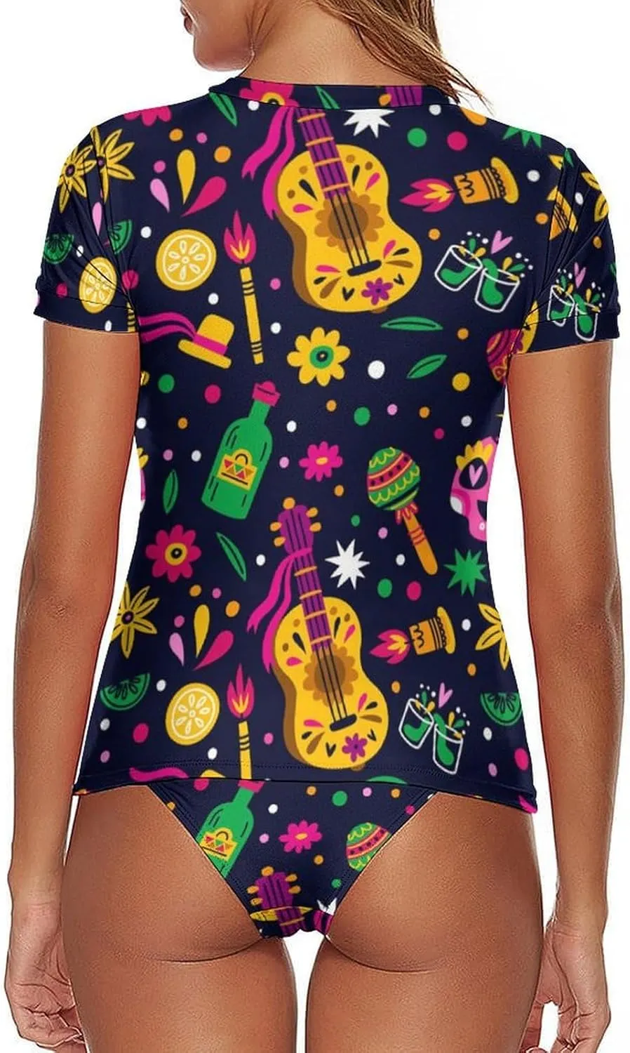 Women's Two Piece Rash Guard Short Sleeve Swim Shirt Built in Bra Bathing Suit with Bottoms