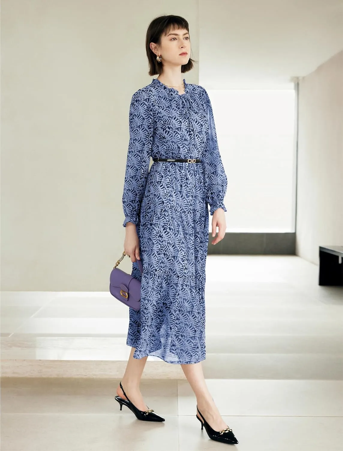 Women's Vintage Floral Print Long Sleeve Dress with Lace Collar and V-Neck Design Mid-Length A-Line Dress