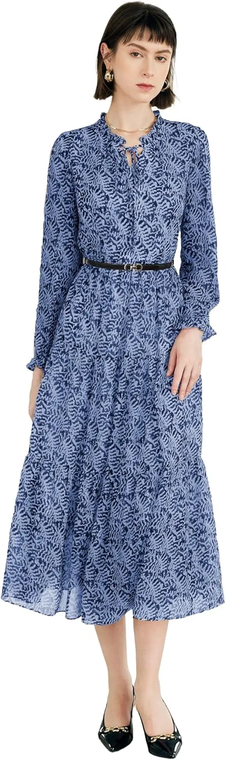 Women's Vintage Floral Print Long Sleeve Dress with Lace Collar and V-Neck Design Mid-Length A-Line Dress