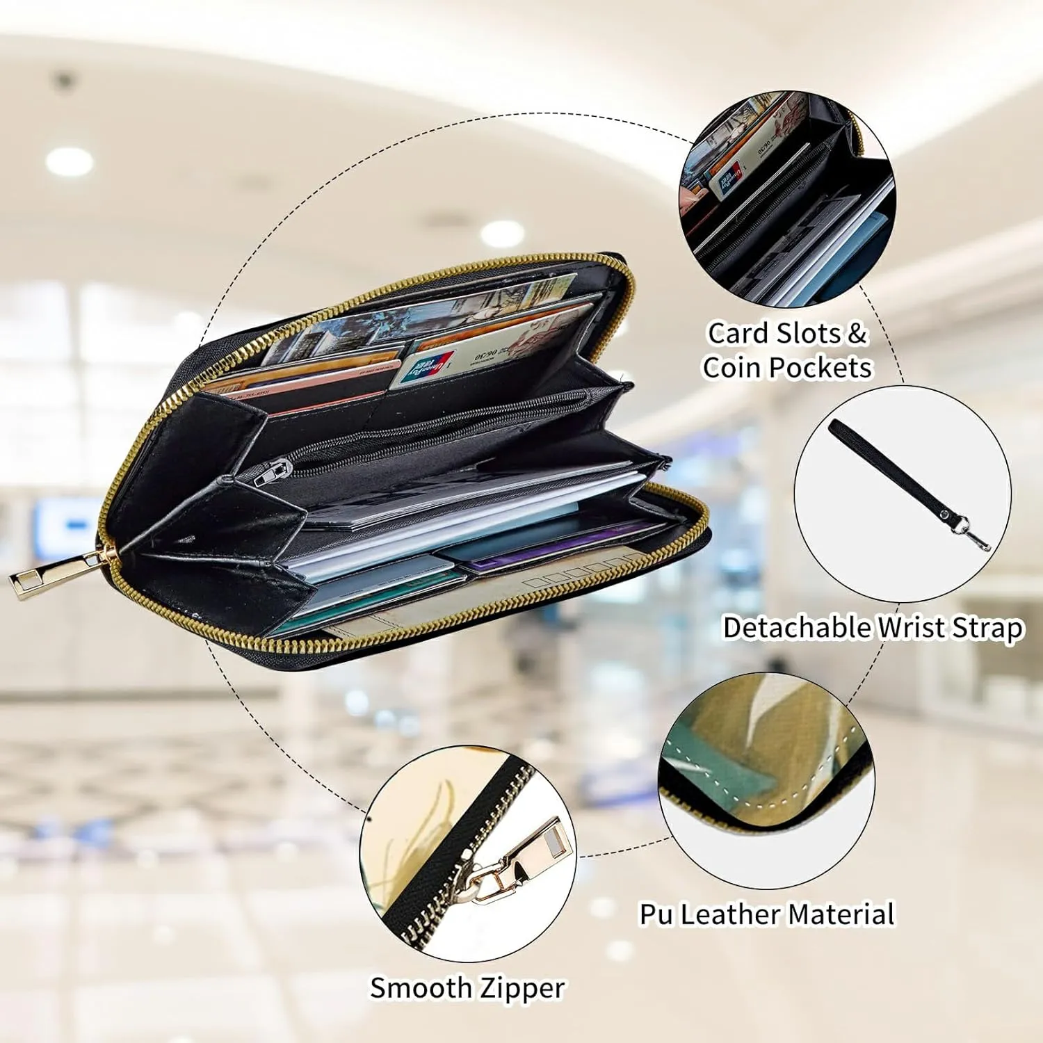 Womens Wallet, Large Capacity RFID Blocking PU Leather Wristlet Wallets for Women Ladies Men Credit Card Holder Zipper Wallet Phone Holder Clutch Travel Purse, Abstract Sun Leaf