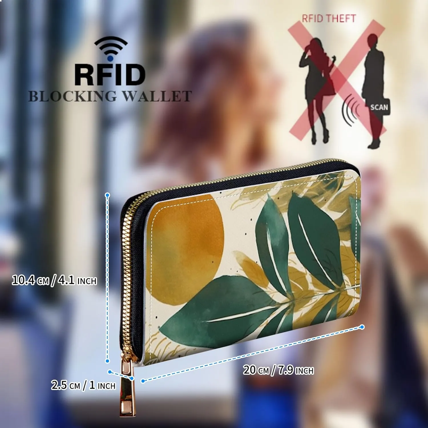 Womens Wallet, Large Capacity RFID Blocking PU Leather Wristlet Wallets for Women Ladies Men Credit Card Holder Zipper Wallet Phone Holder Clutch Travel Purse, Abstract Sun Leaf