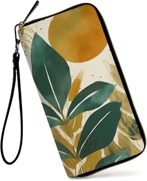Womens Wallet, Large Capacity RFID Blocking PU Leather Wristlet Wallets for Women Ladies Men Credit Card Holder Zipper Wallet Phone Holder Clutch Travel Purse, Abstract Sun Leaf