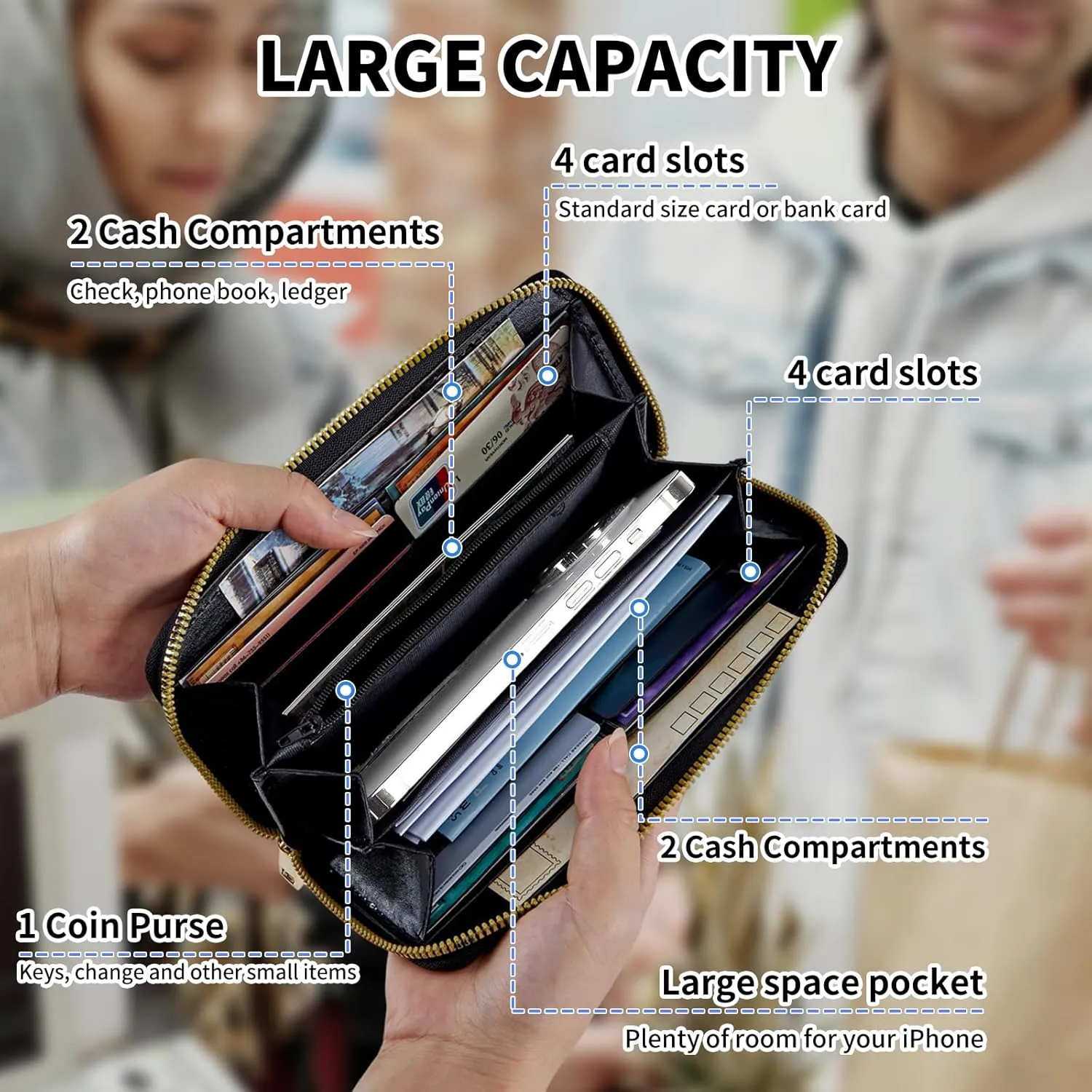 Womens Wallet, Large Capacity RFID Blocking PU Leather Wristlet Wallets for Women Ladies Men Credit Card Holder Zipper Wallet Phone Holder Clutch Travel Purse, Abstract Sun Leaf