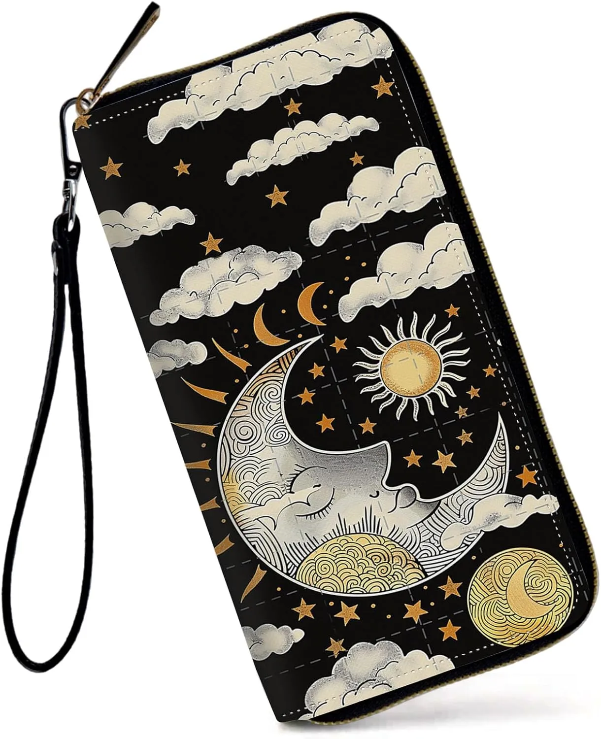 Womens Wallet, Large Capacity RFID Blocking PU Leather Wristlet Wallets for Women Ladies Men Credit Card Holder Zipper Wallet Phone Holder Clutch Travel Purse, Art Moon Sun
