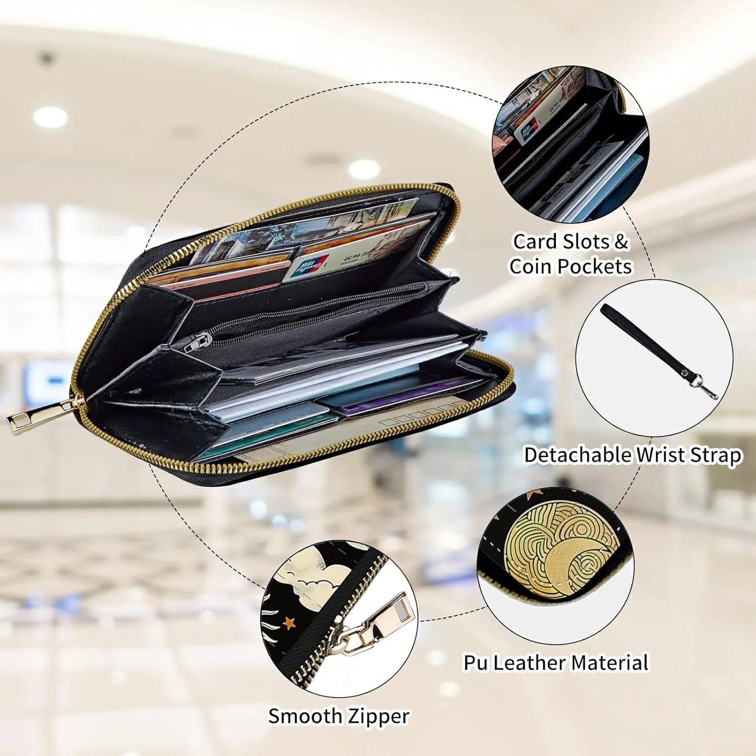 Womens Wallet, Large Capacity RFID Blocking PU Leather Wristlet Wallets for Women Ladies Men Credit Card Holder Zipper Wallet Phone Holder Clutch Travel Purse, Art Moon Sun