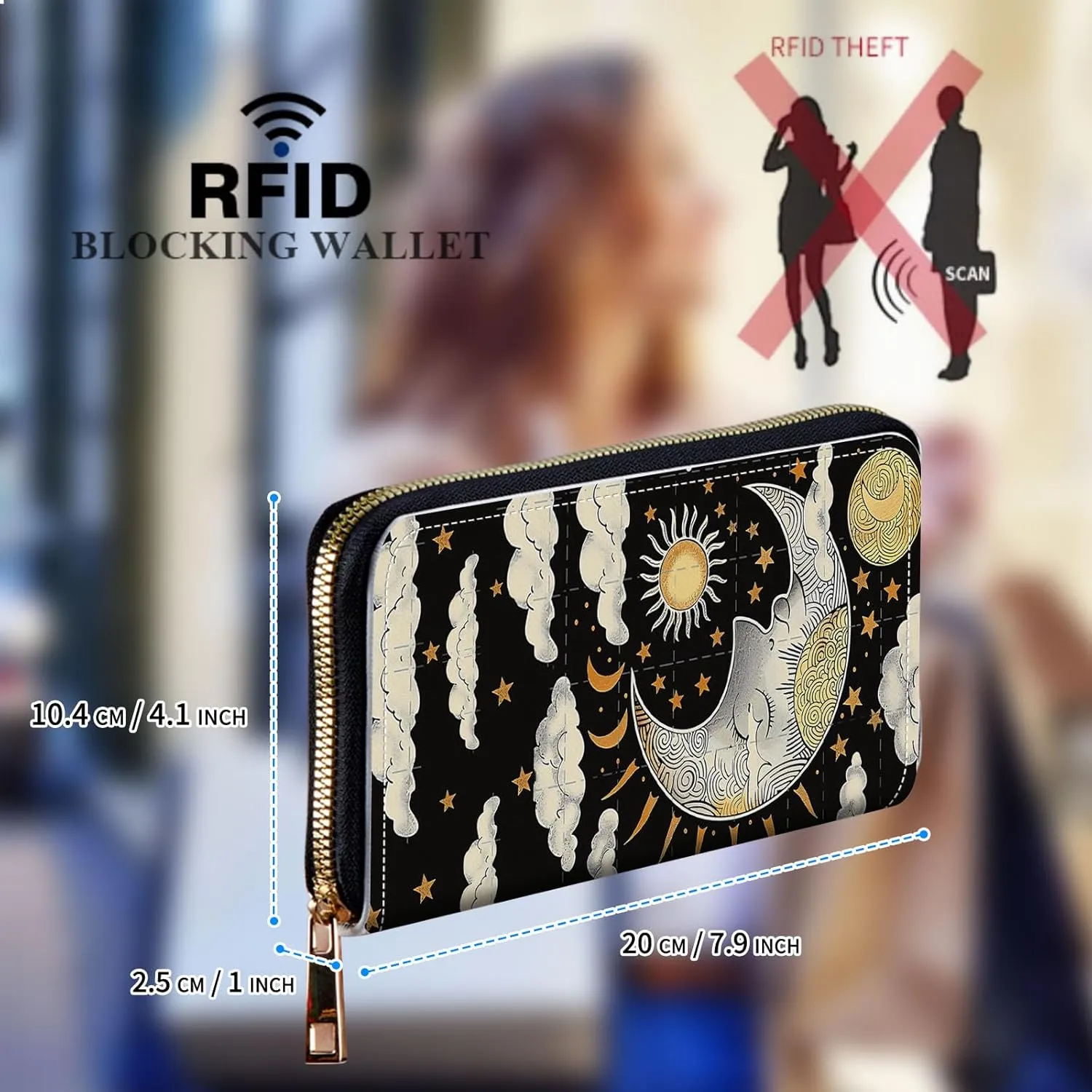 Womens Wallet, Large Capacity RFID Blocking PU Leather Wristlet Wallets for Women Ladies Men Credit Card Holder Zipper Wallet Phone Holder Clutch Travel Purse, Art Moon Sun