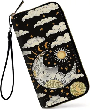 Womens Wallet, Large Capacity RFID Blocking PU Leather Wristlet Wallets for Women Ladies Men Credit Card Holder Zipper Wallet Phone Holder Clutch Travel Purse, Art Moon Sun