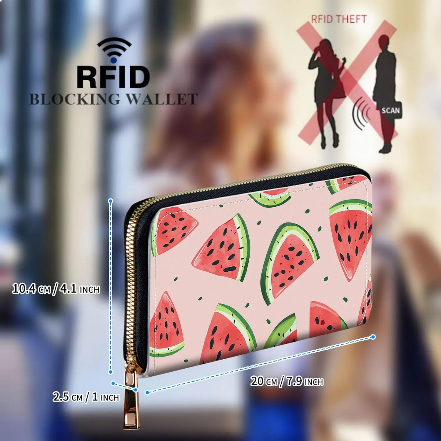 Womens Wallet, Large Capacity RFID Blocking PU Leather Wristlet Wallets for Women Ladies Men Credit Card Holder Zipper Wallet Phone Holder Clutch Travel Purse, Art Watermelon