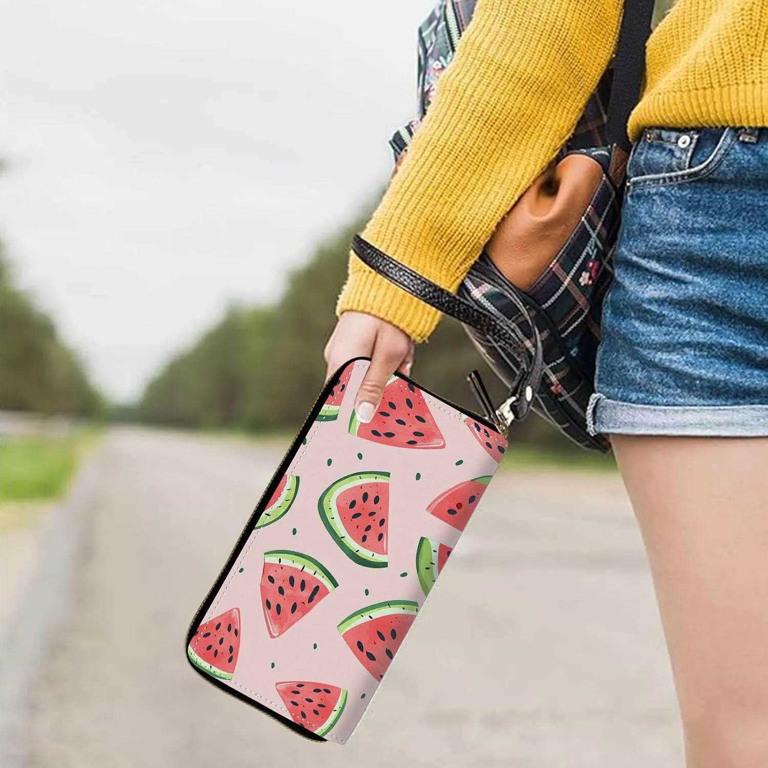 Womens Wallet, Large Capacity RFID Blocking PU Leather Wristlet Wallets for Women Ladies Men Credit Card Holder Zipper Wallet Phone Holder Clutch Travel Purse, Art Watermelon