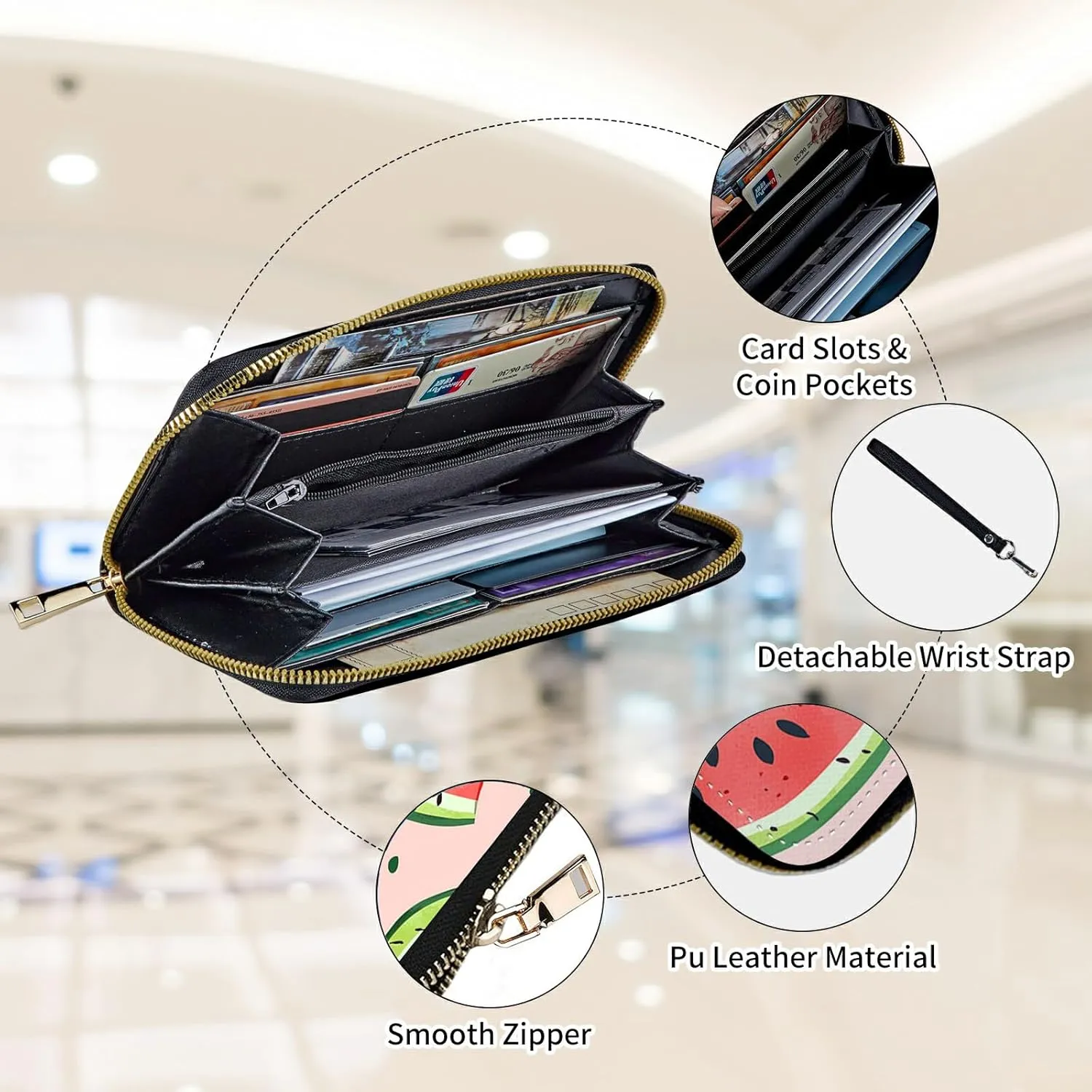Womens Wallet, Large Capacity RFID Blocking PU Leather Wristlet Wallets for Women Ladies Men Credit Card Holder Zipper Wallet Phone Holder Clutch Travel Purse, Art Watermelon