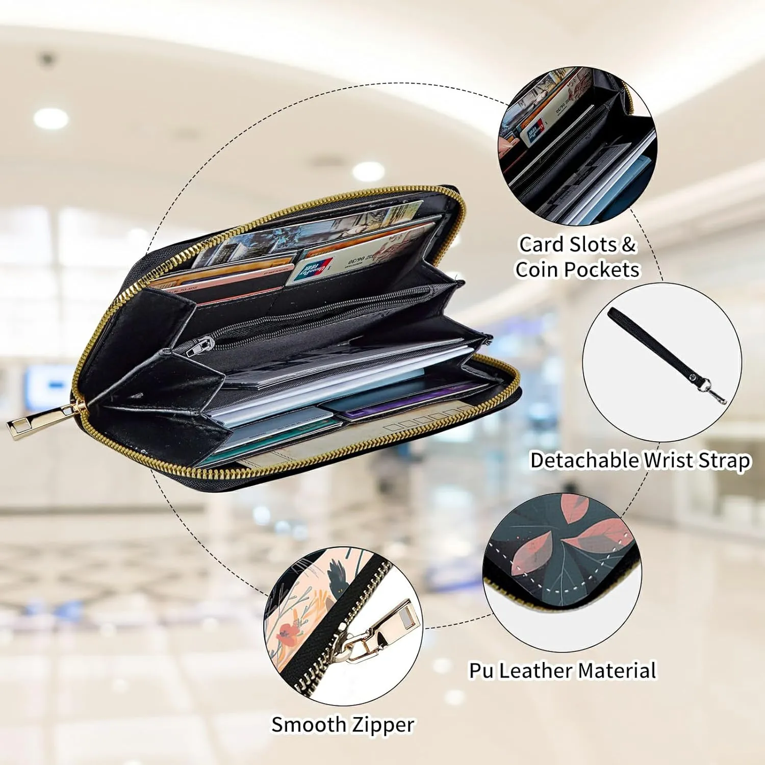Womens Wallet, Large Capacity RFID Blocking PU Leather Wristlet Wallets for Women Ladies Men Credit Card Holder Zipper Wallet Phone Holder Clutch Travel Purse, Black Cat Flowers