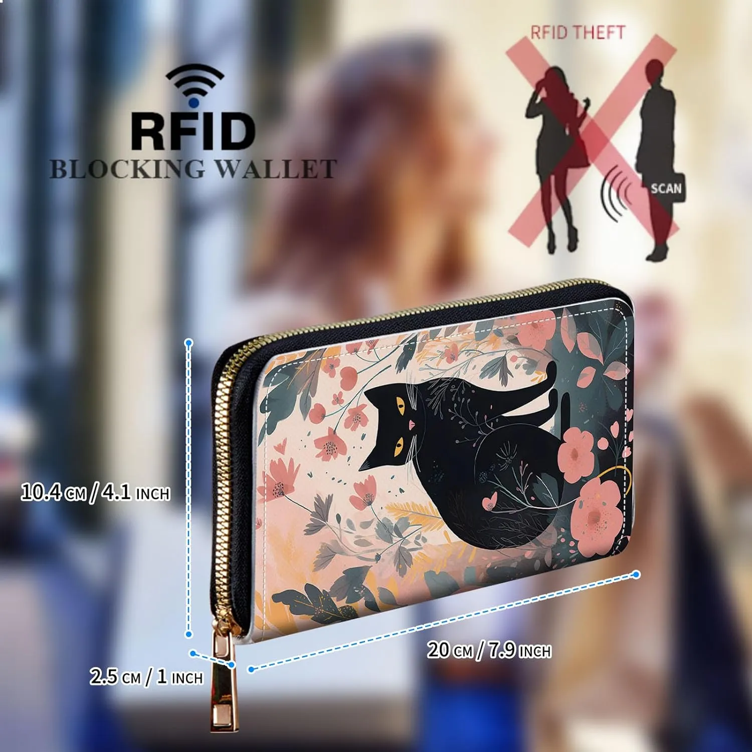 Womens Wallet, Large Capacity RFID Blocking PU Leather Wristlet Wallets for Women Ladies Men Credit Card Holder Zipper Wallet Phone Holder Clutch Travel Purse, Black Cat Flowers