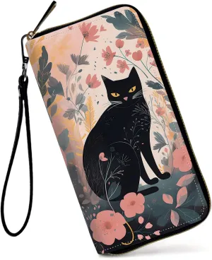 Womens Wallet, Large Capacity RFID Blocking PU Leather Wristlet Wallets for Women Ladies Men Credit Card Holder Zipper Wallet Phone Holder Clutch Travel Purse, Black Cat Flowers