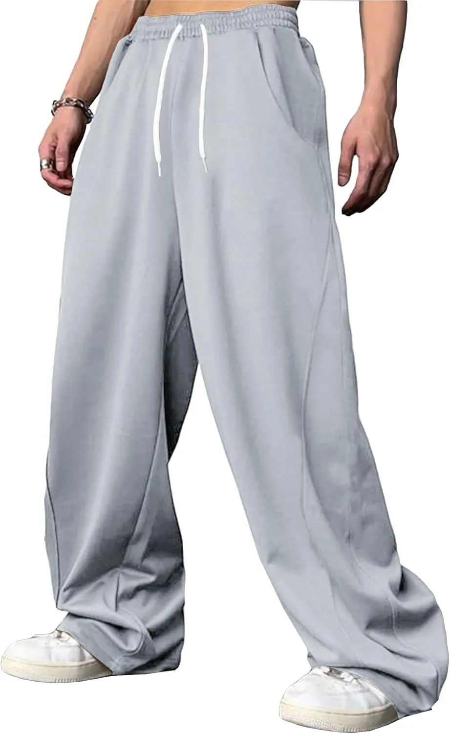 WZIKAI Men's Baggy Sweatpants Elastic Waist Drawstring Wide Leg Sweatpants Casual Loose Baggy Joggers with Pockets