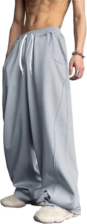 WZIKAI Men's Baggy Sweatpants Elastic Waist Drawstring Wide Leg Sweatpants Casual Loose Baggy Joggers with Pockets