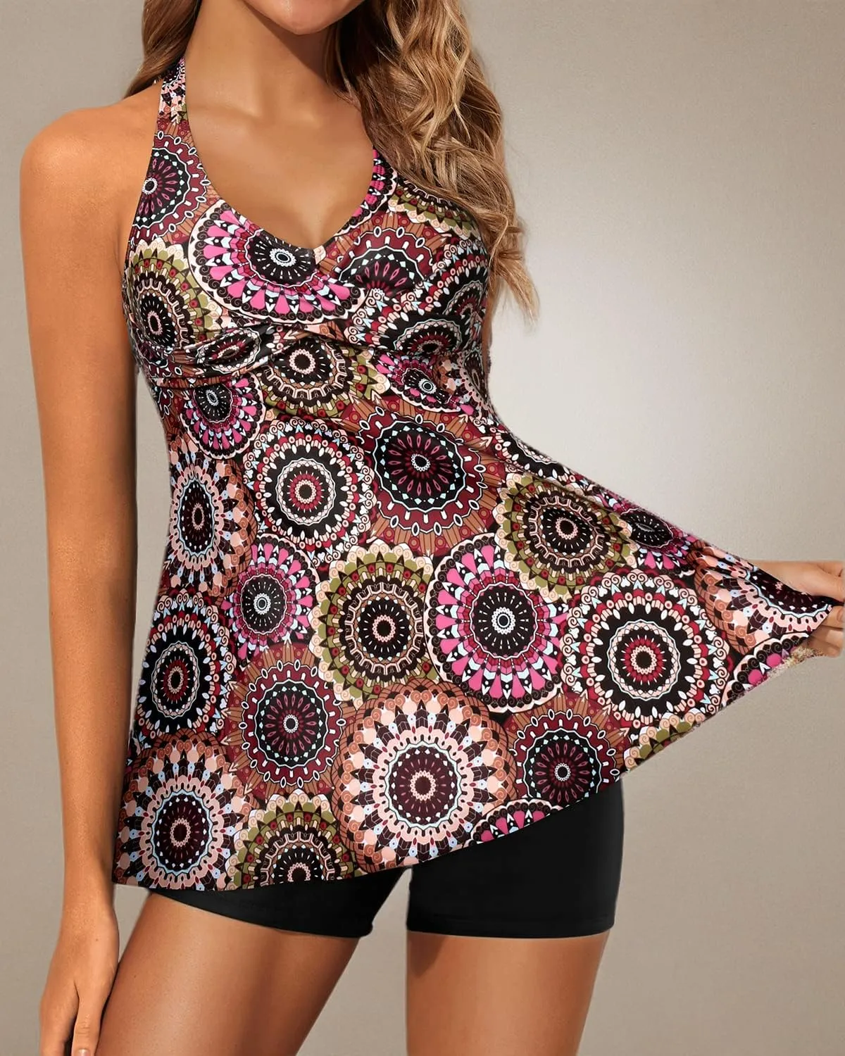 Yonique Two Piece Tankini Swimsuits for Women with Shorts Halter V Neck Bathing Suits Flowy Twist Front Swimwear