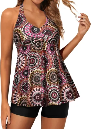 Yonique Two Piece Tankini Swimsuits for Women with Shorts Halter V Neck Bathing Suits Flowy Twist Front Swimwear
