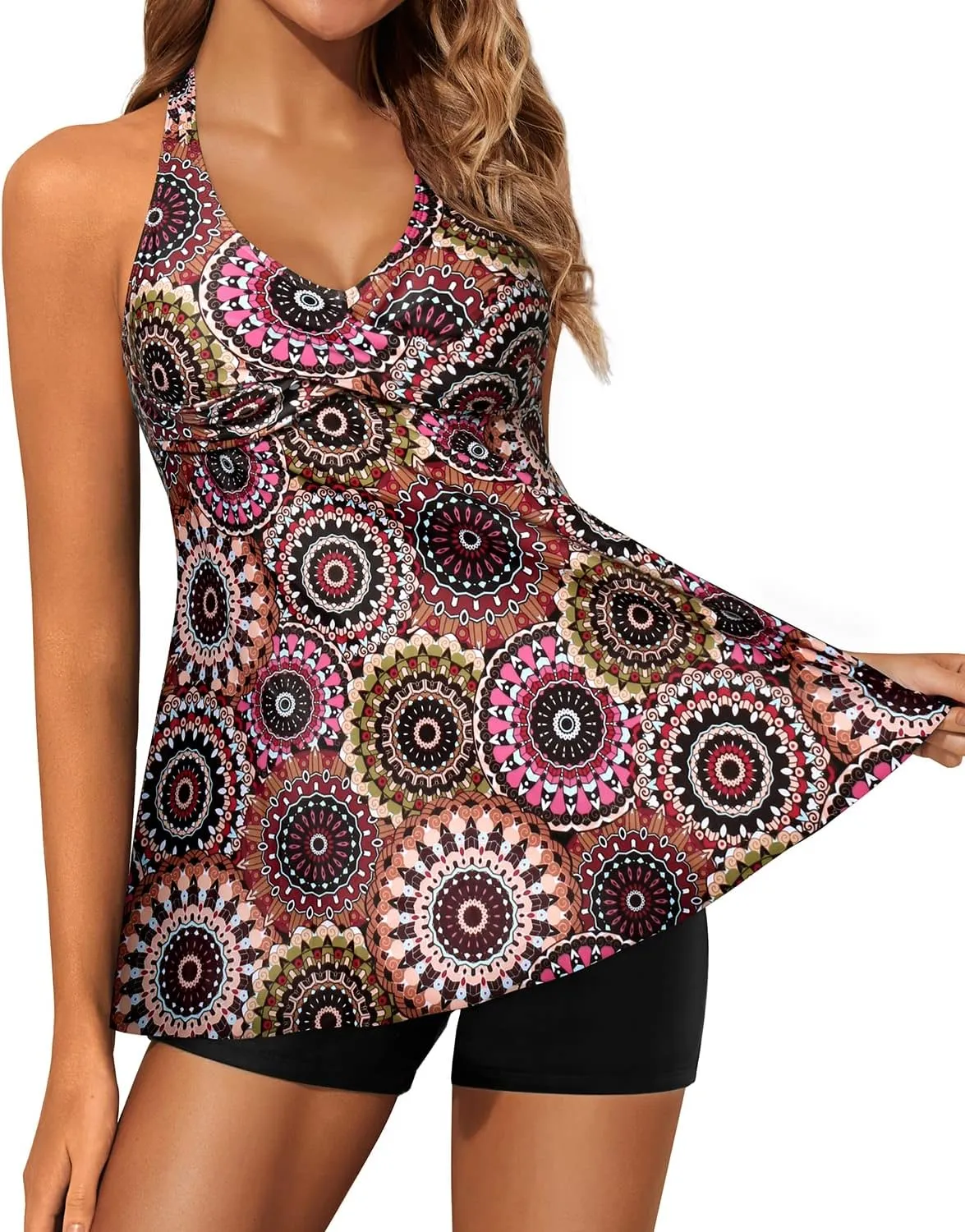 Yonique Two Piece Tankini Swimsuits for Women with Shorts Halter V Neck Bathing Suits Flowy Twist Front Swimwear