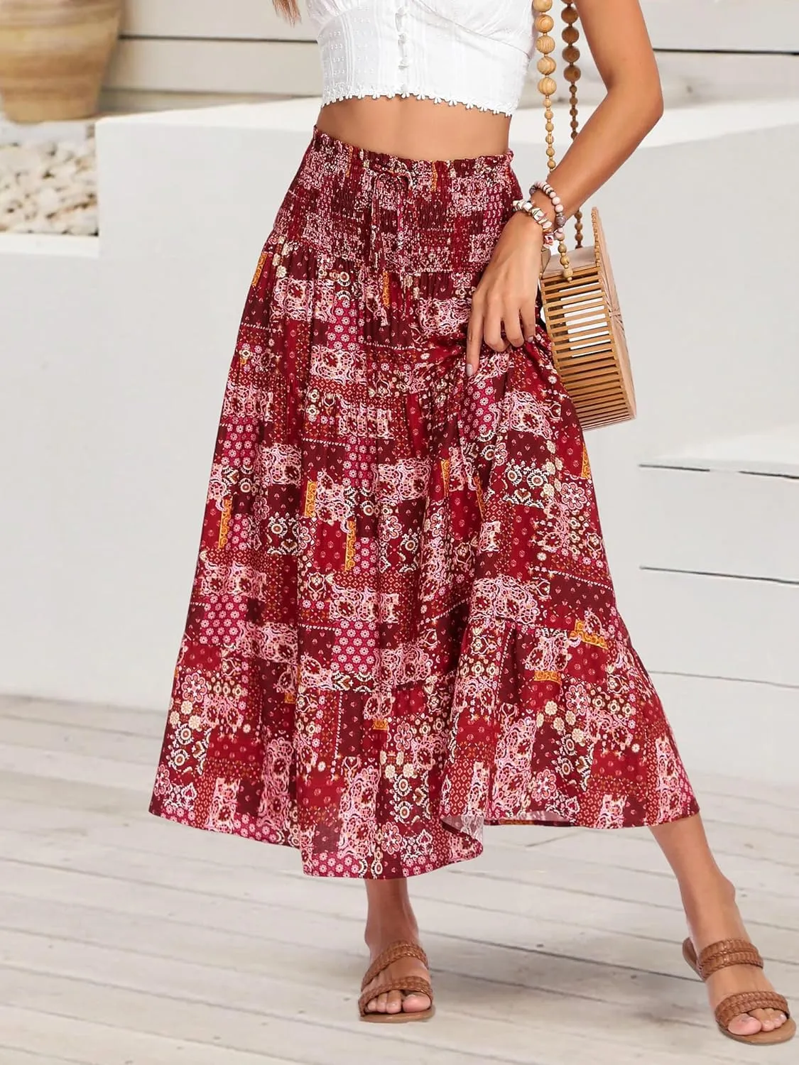ZABERRY Womens Boho Floral Summer Maxi Skirt 2025 Elastic High Waist Pleated A Line Ruffle Flowy Long Skirts