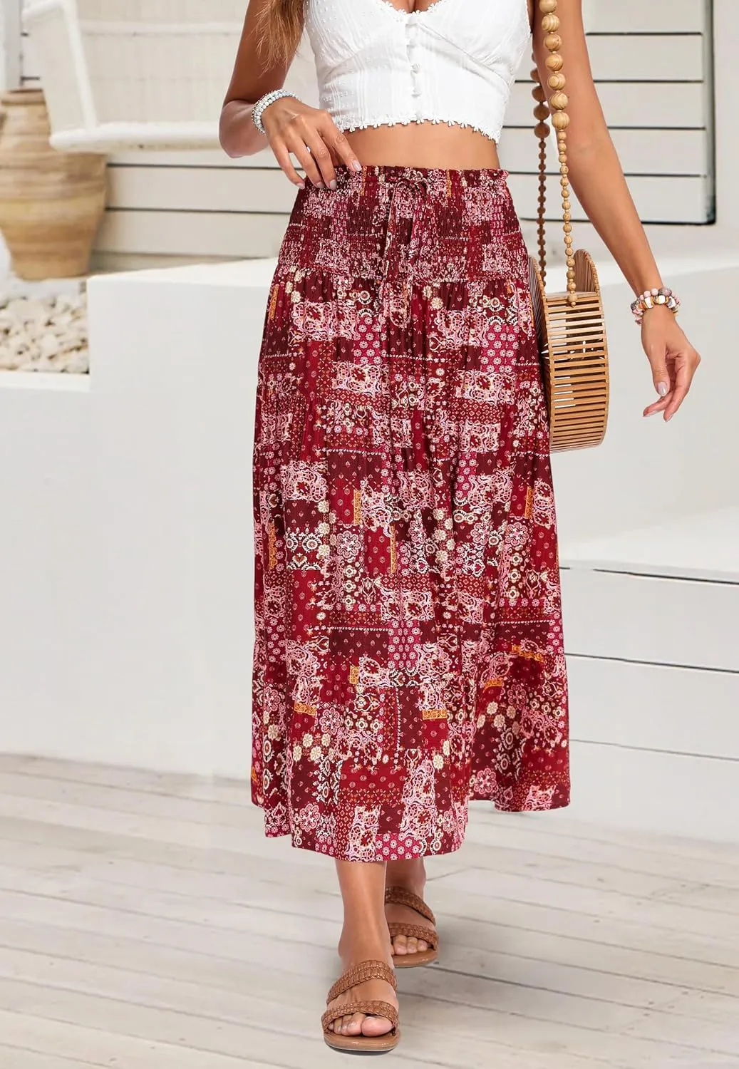 ZABERRY Womens Boho Floral Summer Maxi Skirt 2025 Elastic High Waist Pleated A Line Ruffle Flowy Long Skirts