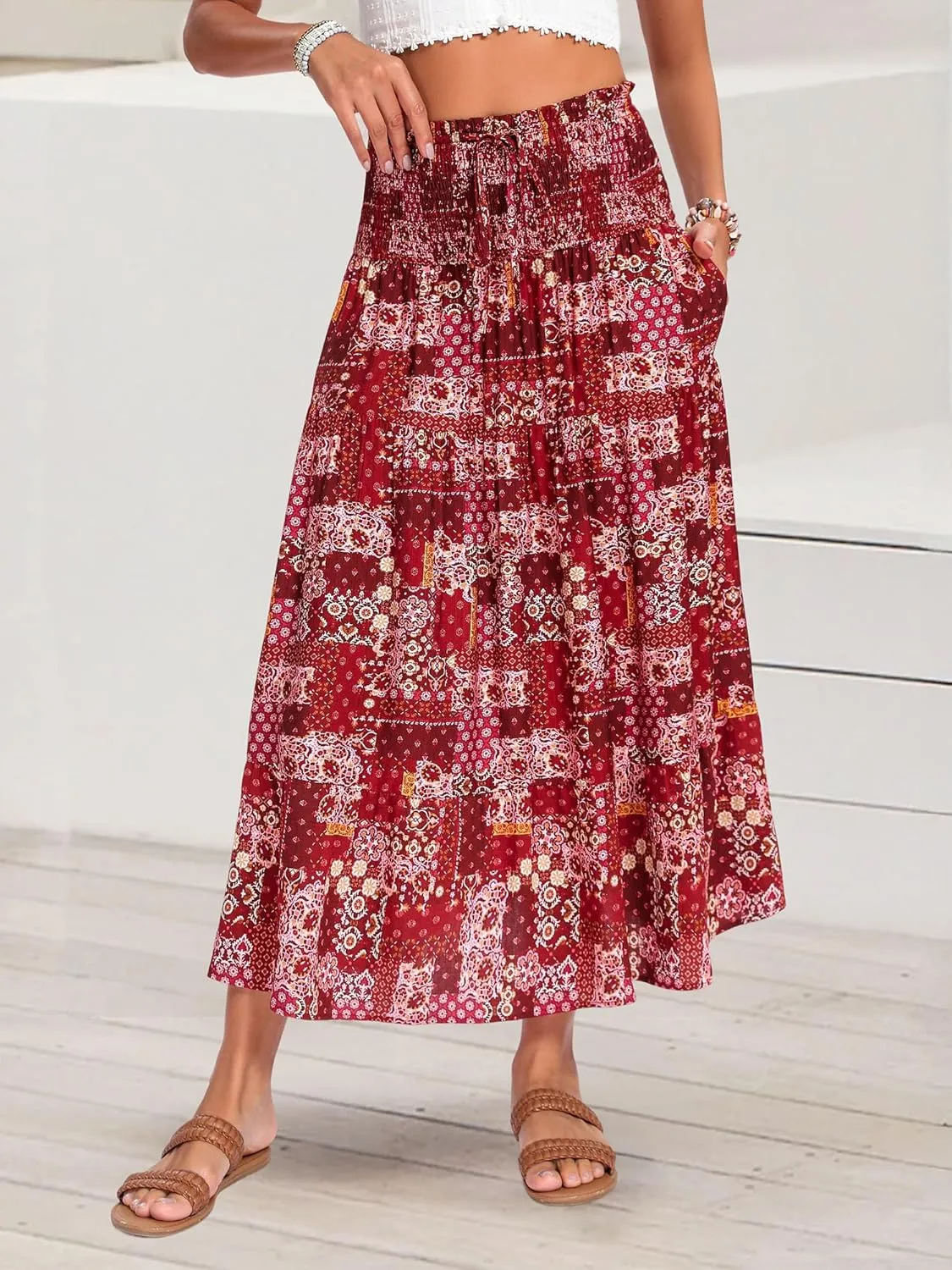 ZABERRY Womens Boho Floral Summer Maxi Skirt 2025 Elastic High Waist Pleated A Line Ruffle Flowy Long Skirts
