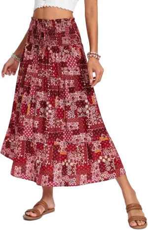 ZABERRY Womens Boho Floral Summer Maxi Skirt 2025 Elastic High Waist Pleated A Line Ruffle Flowy Long Skirts