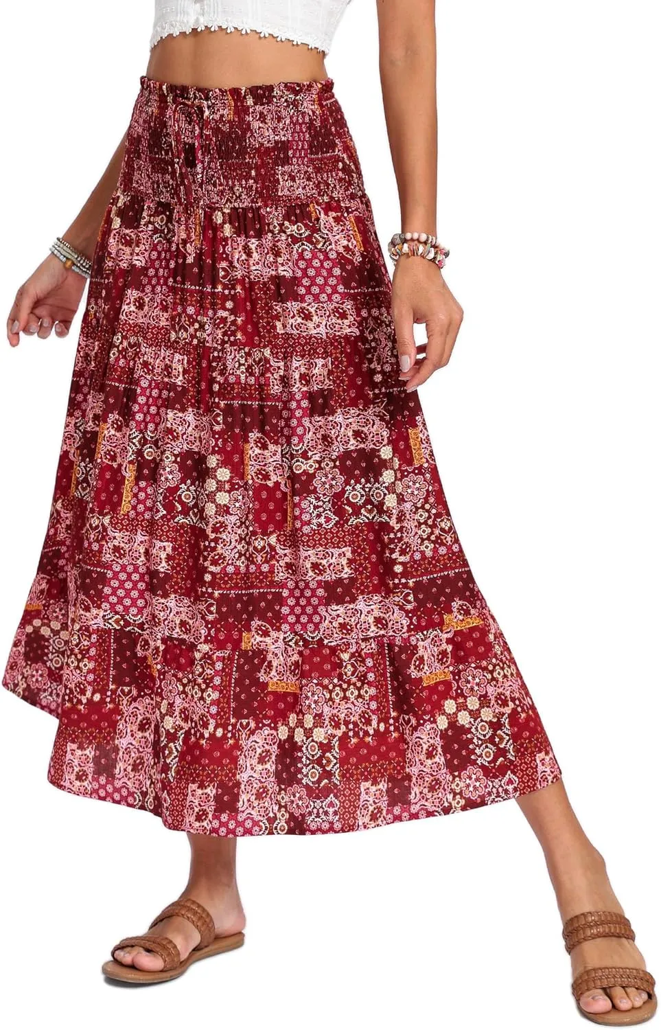 ZABERRY Womens Boho Floral Summer Maxi Skirt 2025 Elastic High Waist Pleated A Line Ruffle Flowy Long Skirts